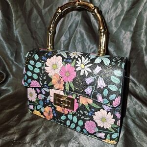 Floral Black Top-Handle Women's Bag with Gold Bamboo Handle